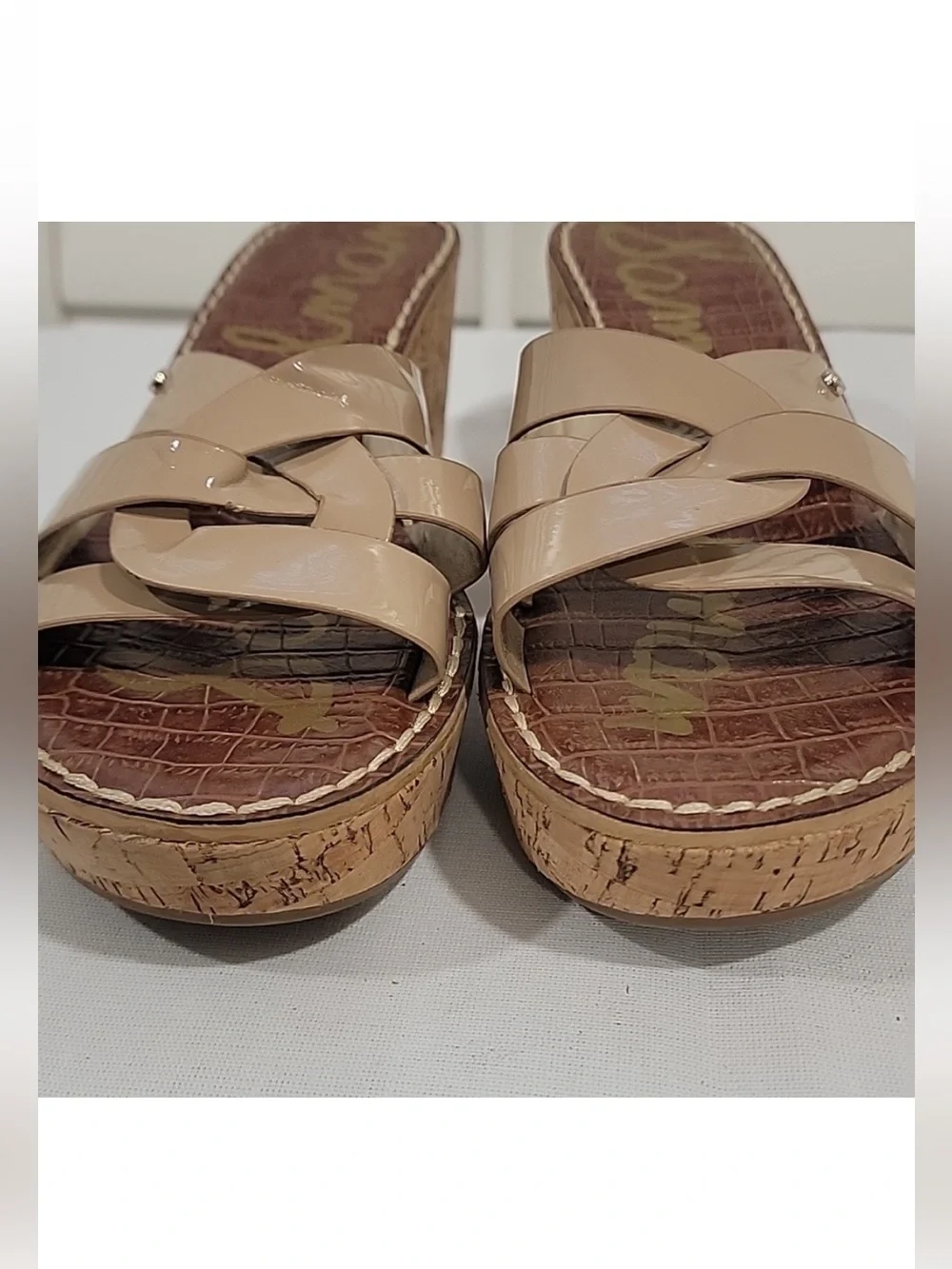SAM EDELMAN Nude Raynere Patent Leather Cork Wedge Slip On Sandals
